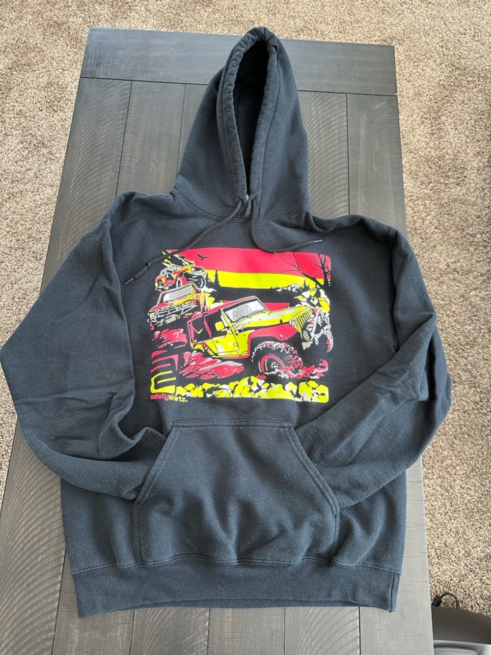 Gildan Black Hoodie with Yellow and Pink Off-Road Truck Graphic